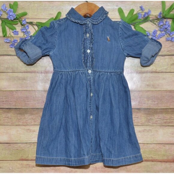 Ralph Lauren Denim Dress Button Up Ruffles Baby 24M Blue Preppy Long Sleeve Pony - Picture 6 of 9